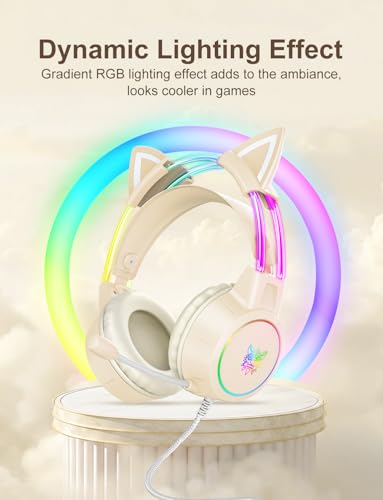 Lightweight Gaming Headset, RGB Lighting, Wired Over Ear Headphones with Mic for PC Laptop PS4 PS5 Switch, Stereo Surround Sound, Self-Adjusting Headband, Beige Cat Ear - color: Beige Cat Ear