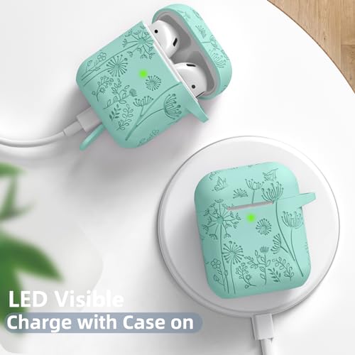 Lerobo for AirPod Case, Compatible with AirPods Case 2nd Generation | Engraved Flower Soft Silicone Cover with Keychain for AirPods 2/1, Wireless Charging, Scratchproof, One-piece Design - color: Mint Green