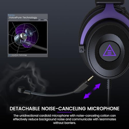 EKSA E900 Gaming Headset with Mic for Xbox PC PS4 PS5 | Detachable Noise Canceling Mic, 3D Surround Sound, Wired Headphone for Gaming, Computer, Laptop, 3.5MM Jack - color: Purple
