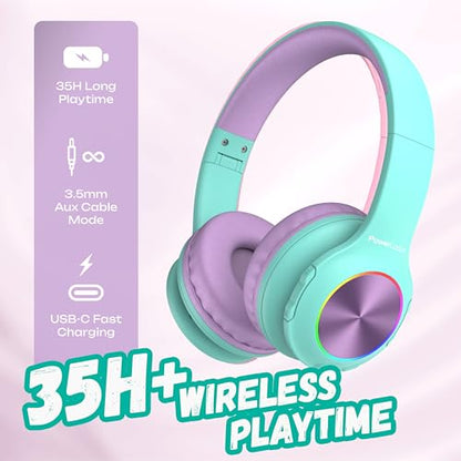 PowerLocus PLED Kids Bluetooth Headphones, Kids Wireless Headphones with LED Lights, 74/85/94dB Safe Volume, Micro SD, AUX Cable, Hi-Fi Stereo, Built-in Mic Over Ear Kid Headphone for Travel/Tablet/PC - color: Teal/Purple