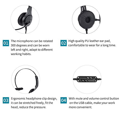 Dioche USB Headset, Call Center Headset with 300 Degrees Rotatable Noise Cancelling Microphone