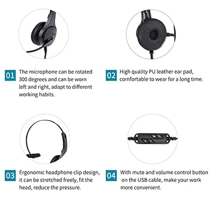 Dioche USB Headset, Call Center Headset with 300 Degrees Rotatable Noise Cancelling Microphone