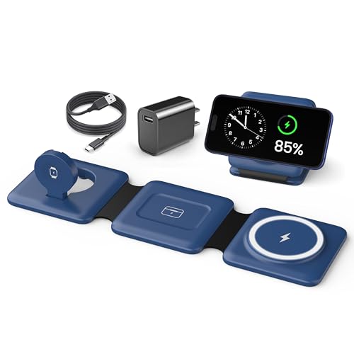 Iseyyox Charging Station for Apple Devices - 3 in 1 Magnetic Foldable Wireless Charger Dock - Travel Charging Pad for MagSafe iPhone 17 16 15 14 13 12 Pro Max Plus Watch & Airpods - color: Blue