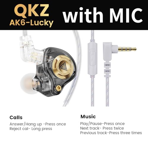 Qkz Ak6 Lucky in Ear Monitor, HiFi Wired Earbuds, Tunable Sound Wired Headphones Gaming Earbuds with 3-Level Adjusting Switch, Detachable Cable for Music Gaming Video Calling (Black) - color: Black