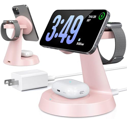 Charging Station 3 in 1 Wireless Charger for Apple Devices, 15W MagSafe Stand Compatible with iPhone 17 16 15 14 13 12 Pro Max Plus, Charging Dock for AirPods 4 3 2 & iWatch Series (Pink-1) - color: Pink-1