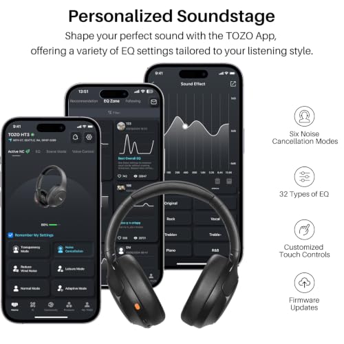TOZO HT3 Hybrid Noise Cancelling Wireless Headphones, 90H Over Ear Headset | Hi Res Audio, AI Voice Assistant, Dual Device Connection, 32 Custom EQs, Built In 5 Mics, ANC, Foldable, Bluetooth 6.0 - color: Gray