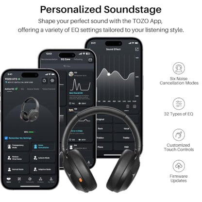 TOZO HT3 Hybrid Noise Cancelling Wireless Headphones, 90H Over Ear Headset | Hi Res Audio, AI Voice Assistant, Dual Device Connection, 32 Custom EQs, Built In 5 Mics, ANC, Foldable, Bluetooth 6.0 - color: Gray
