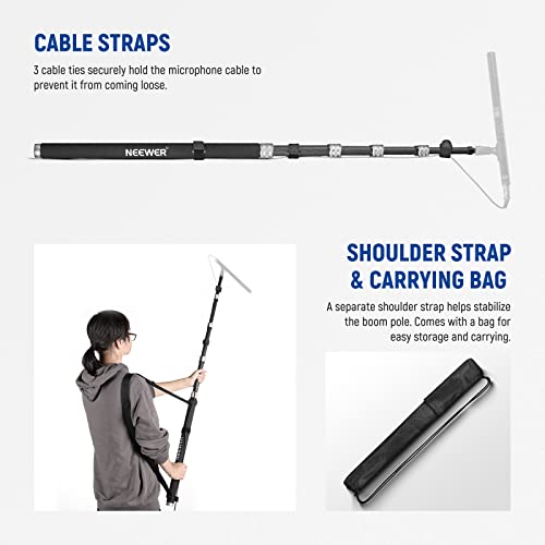 NEEWER Upgraded Microphone Boom Pole, 9.8ft/300cm Telescopic Carbon Fiber Mic Boom Arm with 5 Sections, 1/4” 3/8” 5/8” Screw Adapters, Cable Straps, Shoulder Strap & Storage Bag, MS-300C - style: MS-300C