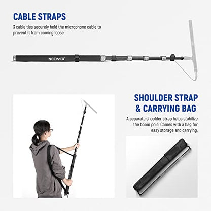 NEEWER Upgraded Microphone Boom Pole, 9.8ft/300cm Telescopic Carbon Fiber Mic Boom Arm with 5 Sections, 1/4” 3/8” 5/8” Screw Adapters, Cable Straps, Shoulder Strap & Storage Bag, MS-300C - style: MS-300C