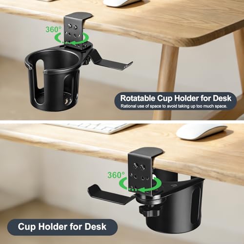 Desk Cup Holder Clamp 2 in 1 Clip On Table Cup Holder with Headphone Hanger | Rotatable Anti-Spill Water Bottle Stand Drink Coffee Mug Storage, Office Accessories for Home and School - color: Black-1 with Headphone Hanger