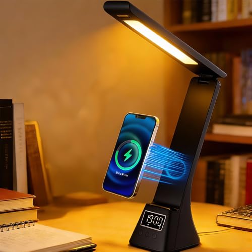 IHAO 3in1 Foldable Eye-Care Desk Lamp with 15W Wireless Charger & Digital Clock Touch Control, 3 Color Temperatures, Alarm, 180° Foldable, Phone Stand, Modern LED Table Lamp TYV-2088 Black - color: Table Lamp TYV-2088 Black