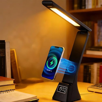 IHAO 3in1 Foldable Eye-Care Desk Lamp with 15W Wireless Charger & Digital Clock Touch Control, 3 Color Temperatures, Alarm, 180° Foldable, Phone Stand, Modern LED Table Lamp TYV-2088 Black - color: Table Lamp TYV-2088 Black