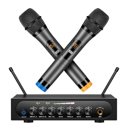 Wireless Microphone System Cordless Dynamic Mic UHF Dual Channel Wireless Handheld Microphone with Echo Bluetooth Volume Control for Karaoke Singing Church for Amplifier Speaker Mixer - size: 2 Channel UHF Cordless Handheld Dynamic Mic