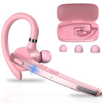 Bluetooth Headset 72H Work Single-Ear Wireless Earpiece for Cell Phone Call | 2 Charging Ways & 500mAh Charging Case,Dual Mic ENC Noise Cancel, Mute Button,V5.1 Hands-Free for Phone and Laptop - color: Pink, style: M53