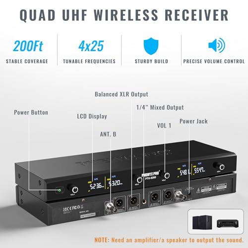 Phenyx Pro 4-Ch UHF Metal Dynamic Wireless Microphone System PTU-5200-4H | 4 Cordless Handheld Mics, 4 x 25 Frequencies, 200 ft Range, Singing, Karaoke, Church Services, DJ Sets