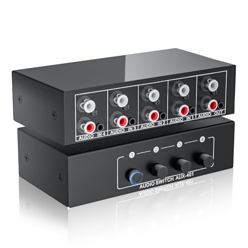 4-Way RCA L/R & 3.5mm Stereo Audio Switcher Bi-Directional Switch Selector | 4 in 1 out passive a/b Analog Stereo Audio Switcher Selector 1 in 4 out Audio Splitter Only one output plays at a time