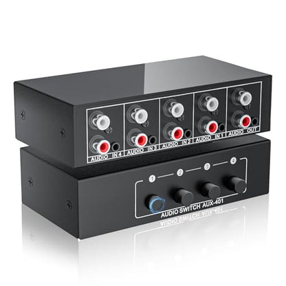 4-Way RCA L/R & 3.5mm Stereo Audio Switcher Bi-Directional Switch Selector | 4 in 1 out passive a/b Analog Stereo Audio Switcher Selector 1 in 4 out Audio Splitter Only one output plays at a time