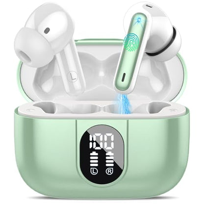 Wireless Earbuds, 2025 Bluetooth Headphones 5.3 HiFi Stereo Earphones, 40H Playtime in-Ear Earbud, Bluetooth Earbud with LED Power Display, IP7 Waterproof Earphones Sport Headset for Android iOS - color: Green