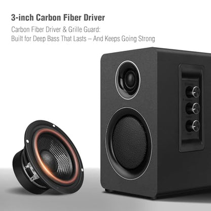 Computer Speakers, Bluetooth 5.3, USB-C, AUX/RCA, 3-Inch Woofer, Black | A 3-inch carbon fiber woofer and 1-inch silk dome tweeter in wood cabinets. For PCs, turntables, TVs, gaming and music. - color: Black