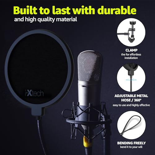 Pop Filter for Mic Microphone, Blue Yeti Mic Pop Filter Dual Layered Wind Pop Screen with a Flexible 360 Degree Gooseneck Clip Stabilizing.