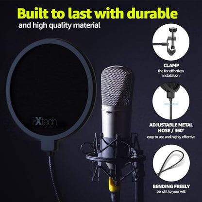 Pop Filter for Mic Microphone, Blue Yeti Mic Pop Filter Dual Layered Wind Pop Screen with a Flexible 360 Degree Gooseneck Clip Stabilizing.