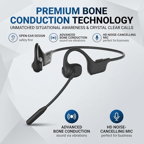 Bluetooth Headset, Over Ear Bluetooth Bone Conduction Headset with Mic,Noise Cancelling Wireless Headset with Mute Button, for for Truckers Meeting, Home Office,Driving (Black) - color: Black