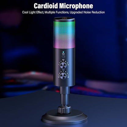 USB Microphone,with Brilliant RGB Lighting Headphone Output Volume Control, Mute for Computer Mobile Phone Live Streaming Recording
