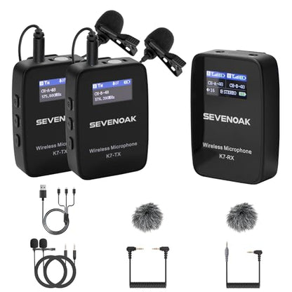 K7 UHF Wireless Lavalier Microphone System for Cameras DSLR Smartphone, 48-Channel,164ft Range,Compact Clip-on Lapel Microphones for Video Recoding YouTube Live Streaming Interview