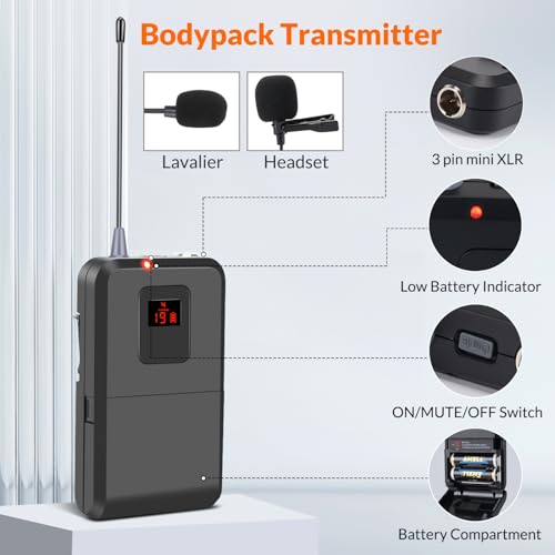 200-Channel Wireless Lavalier Microphone, Dual UHF Bodypack Cordless Lavalier Mic System Set, Auto Scan, Long Range 200-240Ft, 16 Hours Use Ideal for Speaking, Classroom 2023 333B…