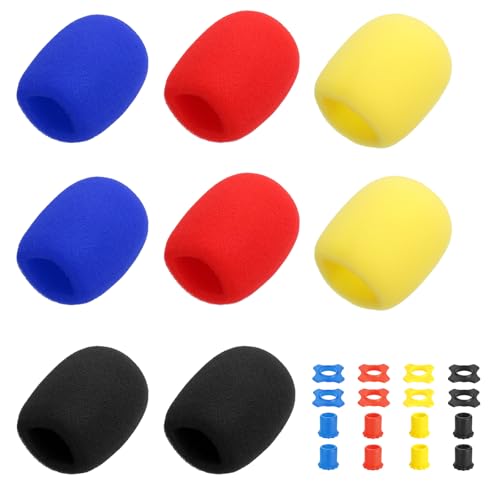 MECCANIXITY 8 Set Microphone Cover Foam Mic Cover, with 1.34" Mic Protection Silicone Ring and Anti Rolling Bottom Sleeve Holder for Karaoke DJ Concert Theater, Yellow/Red/Blue/Black - color: Yellow/Red/Blue/Black, size: 1.34"
