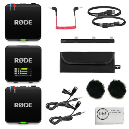 RØDE Wireless GO (Gen 3) 2-Person Compact Digital Wireless Microphone System/Recorder | 2.4 GHz, Black Bundle with 2 Lavalier Microphones + 2 Furry Windscreens + Cloth (6 Items) - color: Black