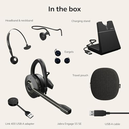Jabra Engage 55 SE (Second Edition) Convertible Wireless Headset w/Charging Stand and Link 400 USB-A DECT Adapter – Works with All UC Platforms Like Google Meet & Zoom, Black - size: USB-A Adapter, style: All Platforms