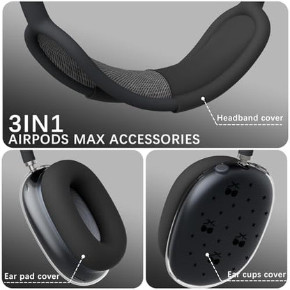 Joyland Silicone Case for AirPods Max Headphones,Black Cherry Star Soft TPU Ear Cups Cover/Ear Pad Cover/Headband Protection for Apple AirPods Max USB-C/Lightning (2024/2020),Clear Black - color: Black-Cherry Star