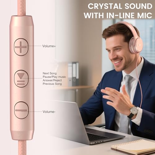 USB C Wired Over-Ear Headphones with Microphone | Volume Control, Share Port, Adjustable Headband Foldable Stereo Headset for Adult/Teens for iPhone 16, Laptop, Gaming, Travel - color: Rose Gold