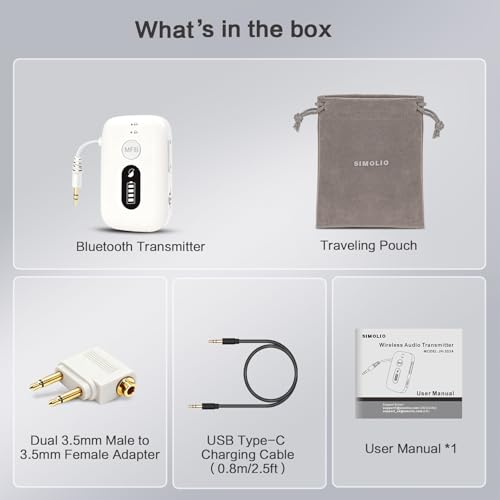 SIMOLIO Bluetooth Transmitter for Airplane, 20 Hr Battery, Supports 2 Earbuds/Wireless Headphones, 3.5mm AUX Wireless Audio Transmitter for TV, Gym Equipment, Controller, MP3 Player - color: White