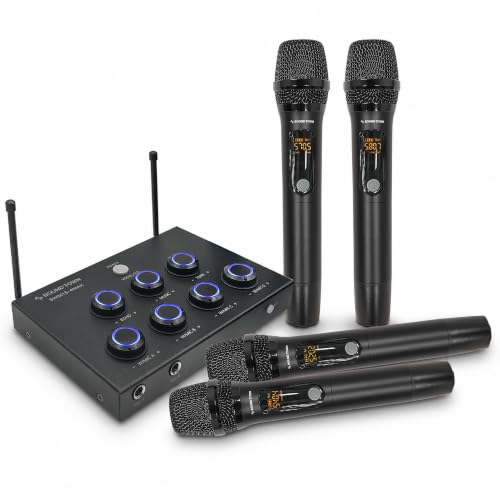 Sound Town 32-Channel Wireless Microphone Karaoke Mixer with 4 Rechargeable Metal Mics, Optical (Toslink), AUX for Smart TVs, Soundbars & Home Receivers, Tablet, PC (SWM15-4MAX) - color: Gloss Black