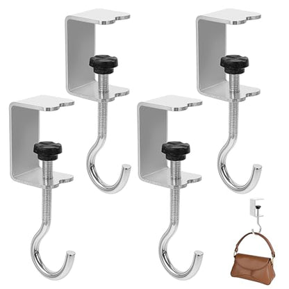 cobee Clamp-On Under Desk Hooks, Desk Mount Hanging Bag Holder Metal Hook | Adjustable Headphones Clamp Organizer Portable Purse Hanger Clip Reduce Clutter Table Desk Under Counter (4 Pcs, Silver) - color: 4 Pcs, Silver