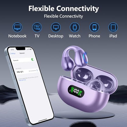 Ultra Open Ear Headphones Bluetooth 5.3 Wireless Bone Conduction Clip On Earbuds with Digital Display Charging Case 60 Hours Playtime Sport Earphones IPX7 Waterproof for Running Fitness Purple