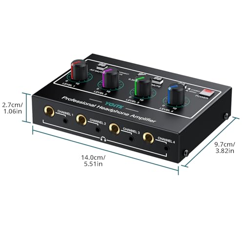 Headphone Amplifier with Light, 4 Channel Mono/Stereo Audio Amplifier with Power Adapter 3 Input Mute & Audio Mixer, Ultra-Compact Headphone Amp Splitter 1/4" & 1/8" TRS Output for Studio - color: Black with Light