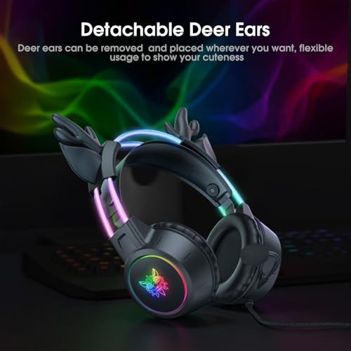 Lightweight Gaming Headset, RGB Lighting, Wired Over Ear Headphones with Mic for PC Laptop PS4 PS5 Switch, Stereo Surround Sound, Self-Adjusting Headband, Black Deer Ear - color: Black Deer Ear