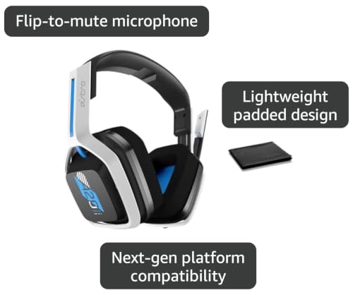 ASTRO Gaming A20 Gen 2 Wireless Headset – White/Blue – Compatible with PS5, PS4, Windows, Mac – 2.4GHz USB Transmitter, Flip-to-Mute Mic, Long Battery Life, Comfortable Fit, W/Cloth, Bulk Packaging
