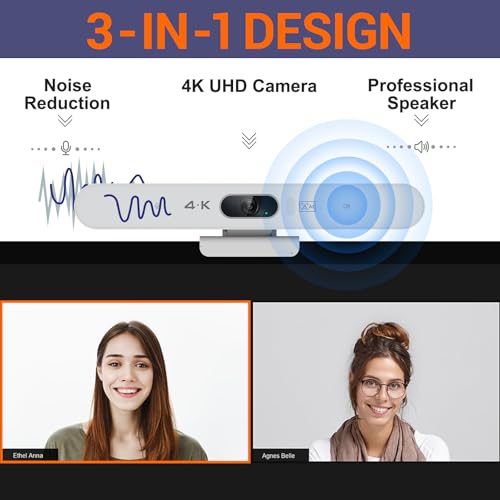 4K Video Conference Room Camera System with Remote Control, AI Auto Framing&Focus, Speaking Tracking, Digital Zoom, Webcam with Microphone and Speaker for Windows TV/PC/Laptop/Zoom/Teams/Skype - color: White