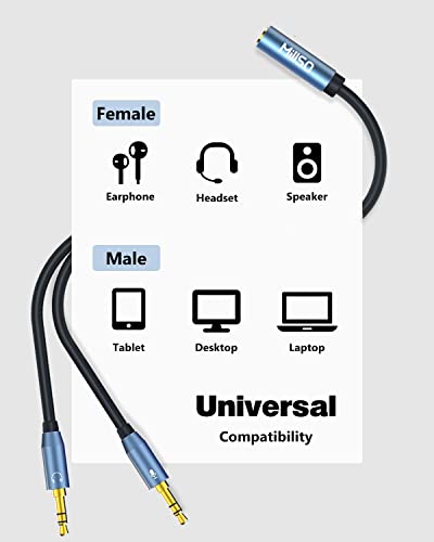 Headset Splitter Cable 3.5mm 2 Male to 1 Female Headphone Adapter | Premium PVC, Sapphire Blue, Metal Shell, Separate Microphone and Headphone Jack for Gaming Headset to PC - 12 inch / 30 CM - color: Blue
