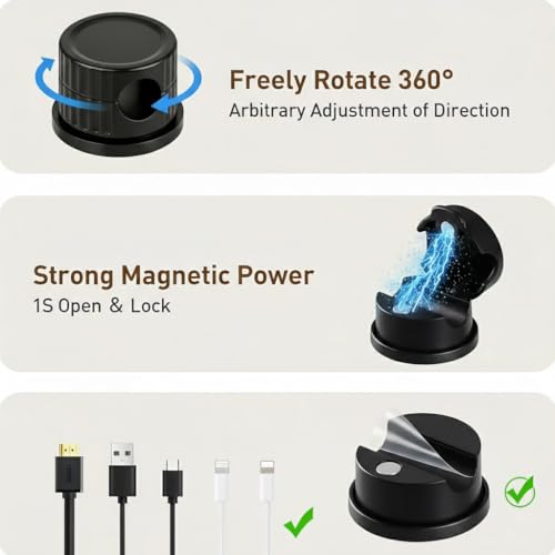 Magnetic Cable Organizer 8-Pack Glossy Black - Rotating Magnetic Clip Cord Keeper for Desk, Nightstand & Car - Adhesive Management System for USB & Power Wires
