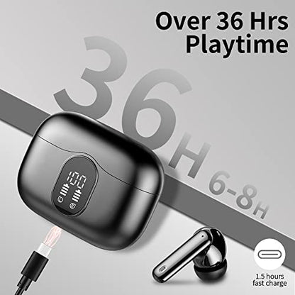Wireless Earbuds, Bluetooth 5.4 Headphones Bass Stereo, Ear Buds with Noise Cancelling Mic LED Display, IP7 Waterproof in Ear Earphones, 36H Playtime for Laptop Pad Phones Sports Workout, Black | Ear Buds with Noise Cancelling Mic LED Display, 36H, IP7 Wa