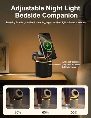 5-in-1 Wireless Charging Station with Bluetooth Speaker,Magnetic Charger with Night Light,Charger Stand with 33W Adapter Compatible with Apple Watch&iPhone 16 15 14 13 12 Pro Max&Wireless Earbuds
