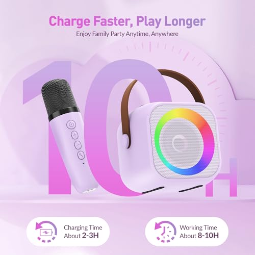 Karaoke Machine,Mini Portable Karaoke Speaker with 2 Wireless Microphones - color: Purple
