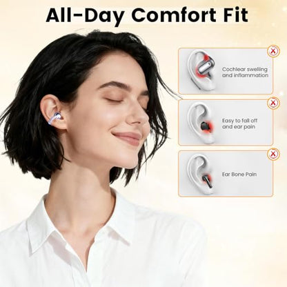 Clip On Ear Headphones, Open Ear Earbuds Wireless Bluetooth 5.4, Clip On Earbuds with LCD Touchscreen, Lightweight Comfort Open Ear Headphones for Pad Tablet Laptop Android/iOS Phones (Purple) - color: Purple