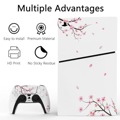PlayVital Full Set Skin Sticker for ps5 Slim Console Disc Edition (The New Smaller Design), Vinyl Decal Cover for ps5 Controller & Headset & Charging Station & Media Remote - Falling Cherry Blossom - color: Falling Cherry Blossom