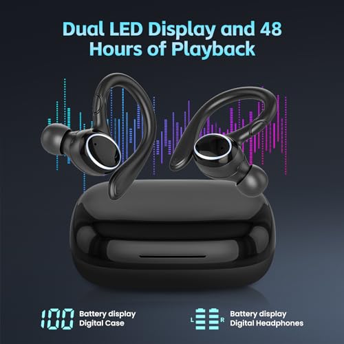 Wireless Earbuds Bluetooth 5.3 Headphones Stereo Ear Buds, ENC Noise Cancelling Mic,IPX7 Waterproof Earphones with Hook for Android iOS Smart Phone Laptop Computer Sports - Black